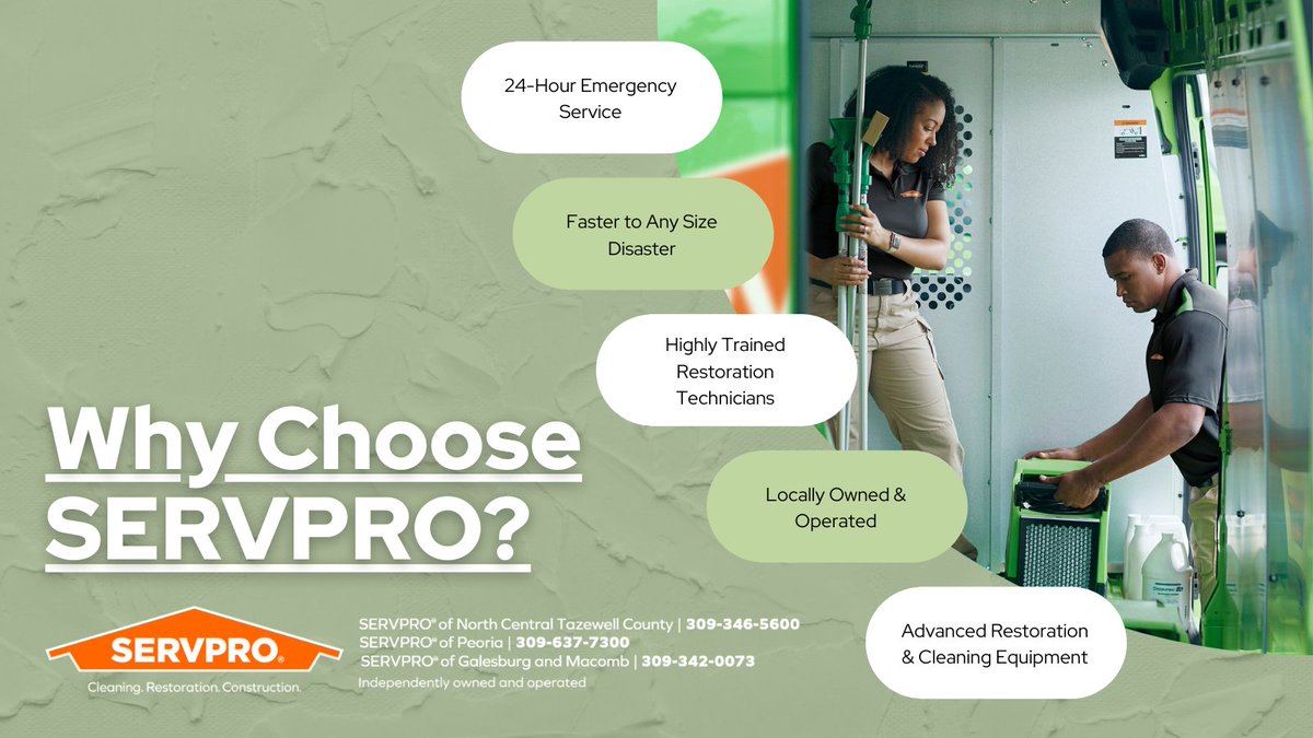 Learn more at our website.
bddy.me/3zxVO0Z
#servpro #cleaning #restoration #centralillinois #whyservpro #trained #faster #twentyfourseven #locallyownedandoperated #advancedequipment