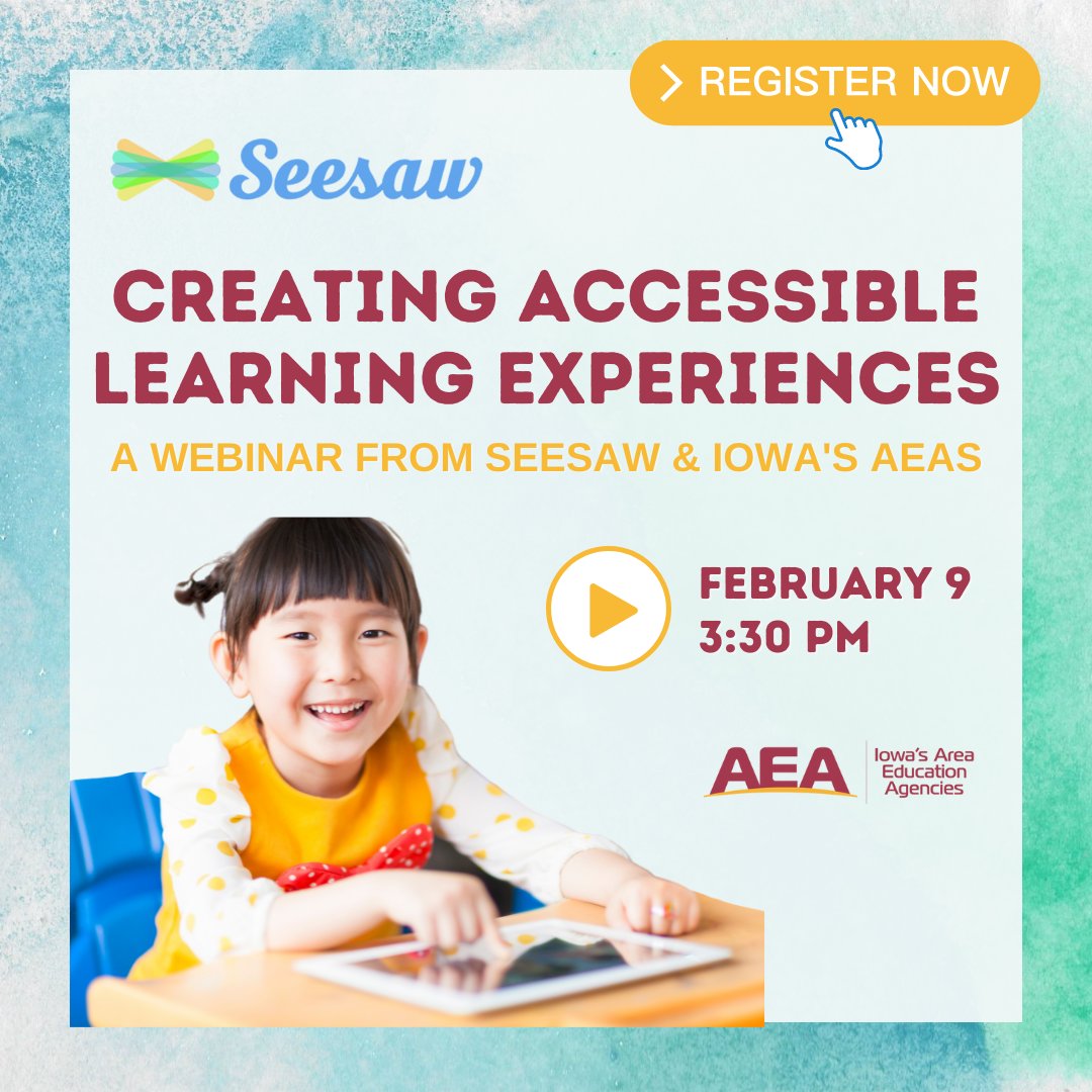 💻 SEESAW WEBINAR 💻 Create Accessible Learning Experiences to support students with diverse needs, incl. English Language Learners & students with IEPs/504s on February 9th!  Learn more at ow.ly/6zAK50HoTms #iaedchat #iowaaea
