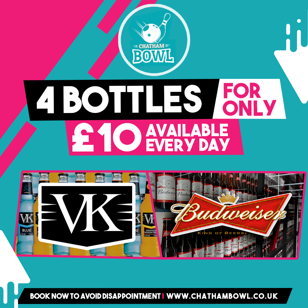 ChathamBowl's tweet photo. Welcome the weekend in style with our deal on bottles 😎

Treat yourself to 4 bottles for only £10 - Available every day 🍻

Book your bowl with us by going to our website: https://t.co/b5n7DTWl0z 📲

#ChathamBowl #Bowling #Chatham #Arcade #cocktails #FamilyBowl #LiveDJ #Birthday https://t.co/w2VYcftOT9