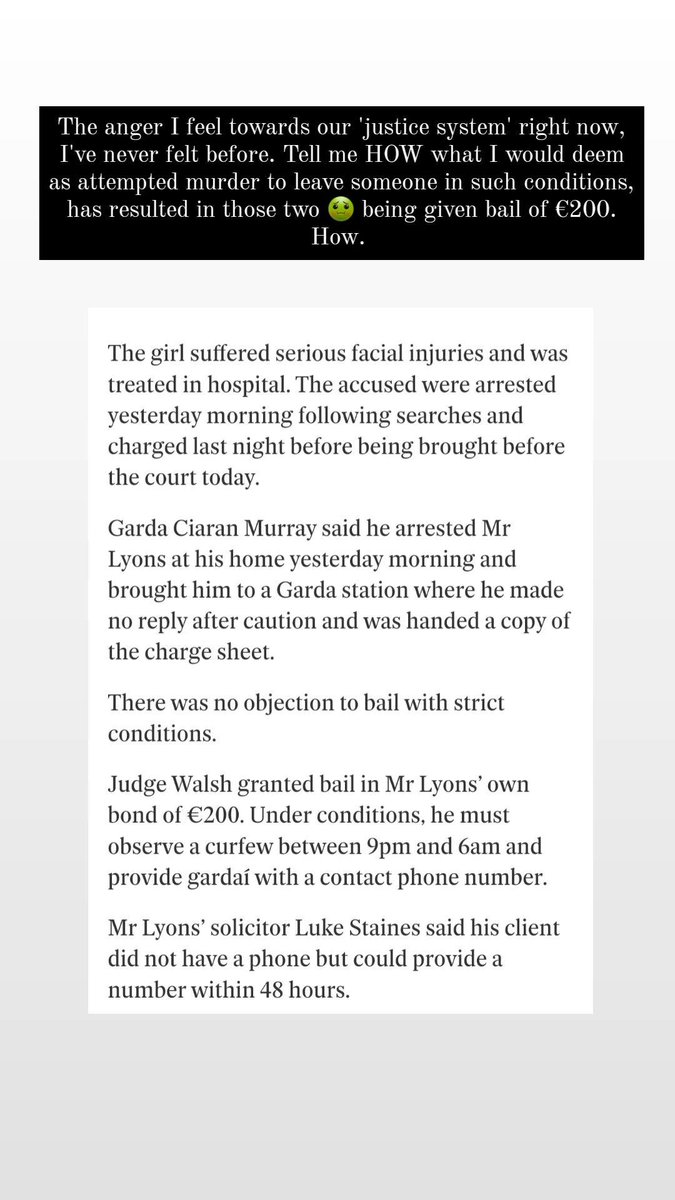Ashamed of our country once again today. Another girl, and her family let down. How can attempted murder result in €200 bail for them scumbags ? The anger I feel right now