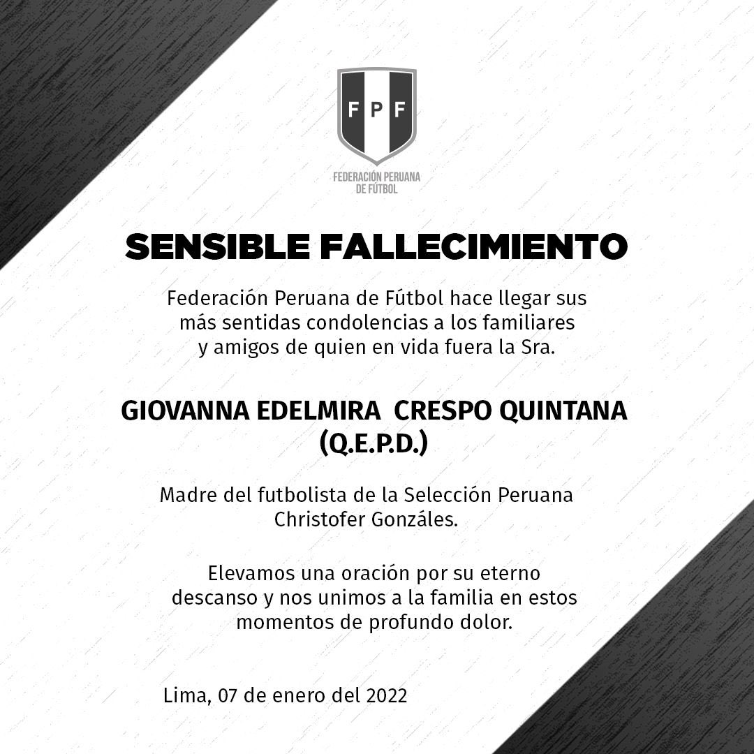 TuFPF's tweet photo. La @TuFPF lamenta el sensible fallecimiento de la señora Giovanna Crespo, madre de Christofer Gonzáles, futbolista de nuestra @SeleccionPeru 🇵🇪. 

Extendemos nuestras condolencias a sus familiares y amigos.

¡Estamos contigo, Christofer! 🙌🏽 https://t.co/UIVn8PLkKz