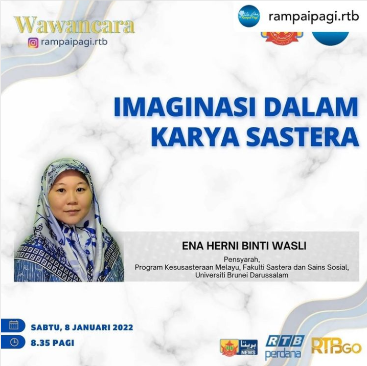 FassUbd's tweet photo. Via @rtb_bn: Disiarkan secara langsung di saluran RTB Perdana, RTB Sukmaindera dan awda juga boleh mengikuti kami melalui penstriman langsung di aplikasi mudah alih RTBGo dan Facebook @RTB_News.

Tajuk: Imaginasi Dalam Karya Sastera.
Pada: Sabtu, 8 Januari 2022.
Jam: 8:35 pg. https://t.co/ZYqptaCVP0