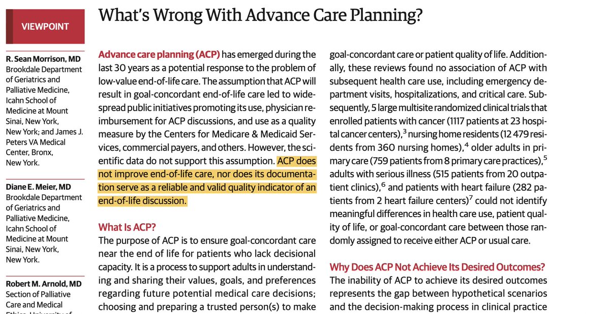 1. Important viewpoint about ACP by @DianeEMeier <a href="/rabob/">Bob Arnold</a> and R. Sean Morrison in <a href="/JAMA_current/">JAMA</a> : painting the the picture of “science working” - a logical hypothesis, studies trying to answer sound questions, and now evidence that suggests it doesn’t have the desired effect