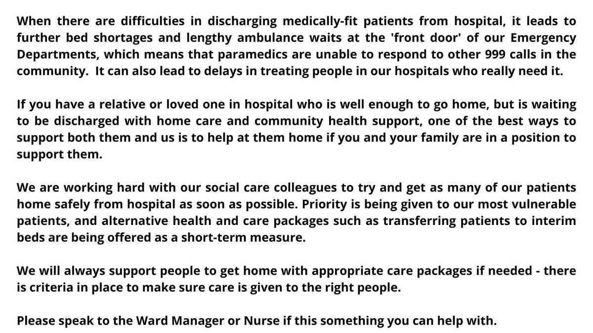 If you have a relative or loved one in hospital who is well enough to go home, but is waiting for be discharged with additional support, one of the best ways to support both them and us is to help them at home if you are in a position to do so.

Our note below explains more ⬇️