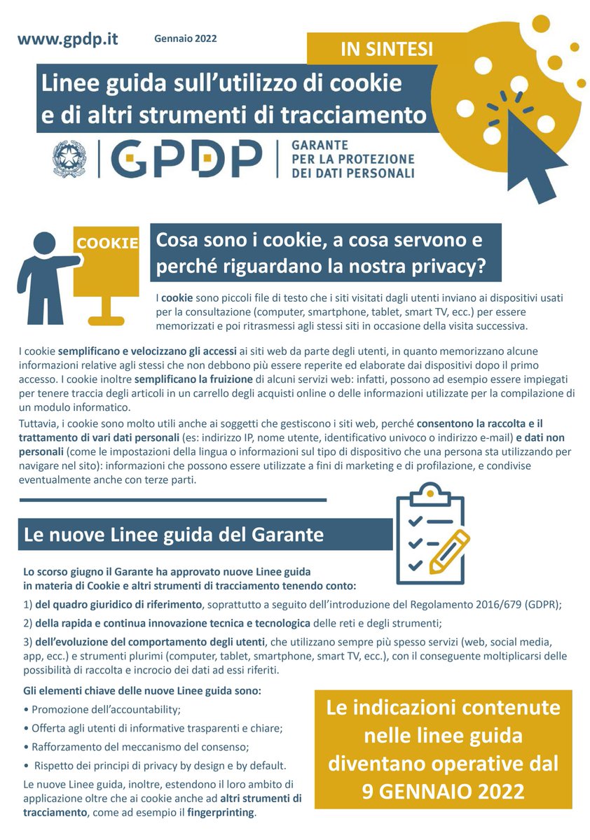 GPDP_IT's tweet photo. Dal 9 gennaio, diventano operative le indicazioni contenute nelle linee guida sull’utilizzo di #cookie e di altri strumenti di tracciamento. In una infografica le principali novità #GarantePrivacy 👇 https://t.co/HKpvNiKpmm