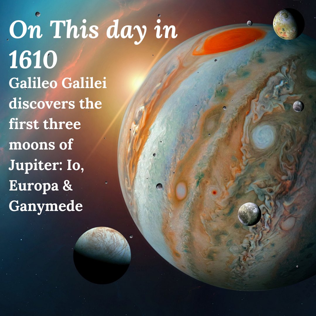 FACT FRIDAY!🌒

Did you know, on this day, Galileo Galilei discovers the first three moons of Jupiter: Io, Europa & Ganymede!

#jupiter #galiogalilei #onthisday #factfriday #science #astronomy #missiondiscovery #moon