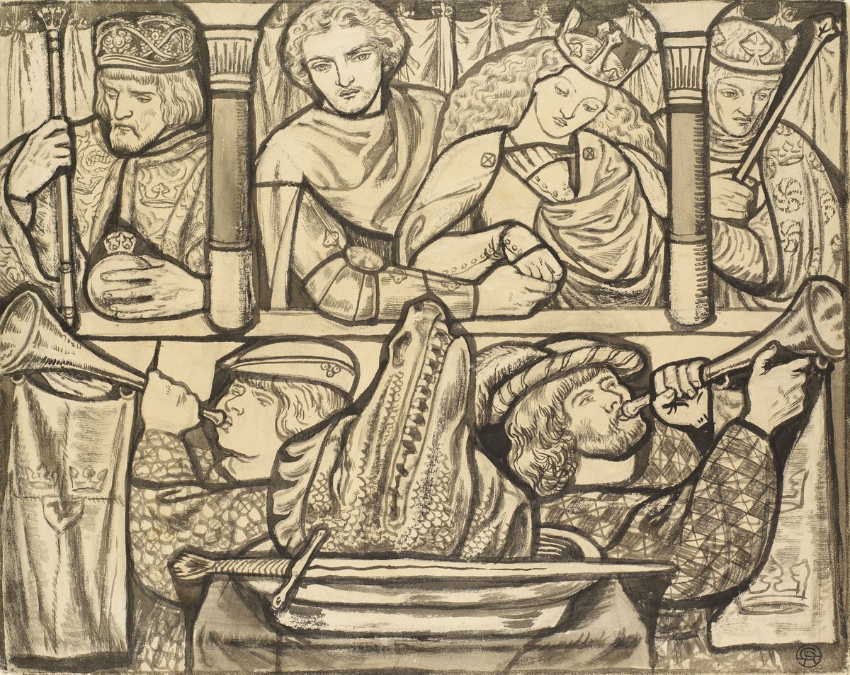 The Wedding of St George... no one looks like they're looking forward to the main course at the reception!

One of the designs for the St George and the Dragon stained glass windows by Dante Gabriel Rossetti, 1861-62.