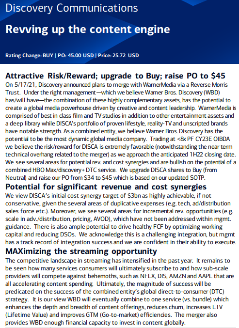 SouthernValue95's tweet photo. Concise summary of the $DISCK / $WBD bull case by BofA: https://t.co/g38lKCiFzn