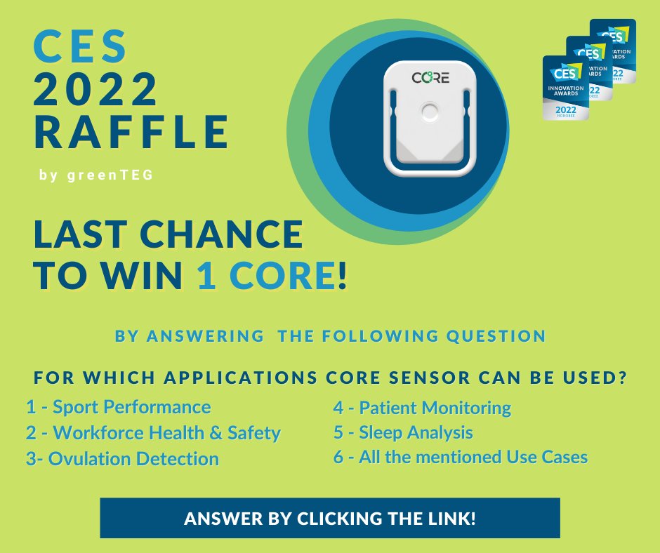 GreentegB's tweet photo. Don't miss your last opportunity to win a CORE sensor by answering THE question:
For which applications CORE sensor can be used? 
Answer here 👉 https://t.co/YwaPmxVFrl
The winner will be announced on Monday 10th! 
#corebodytemperature #wearables #CES2022 #Giveaway https://t.co/4zHK3cgKqO