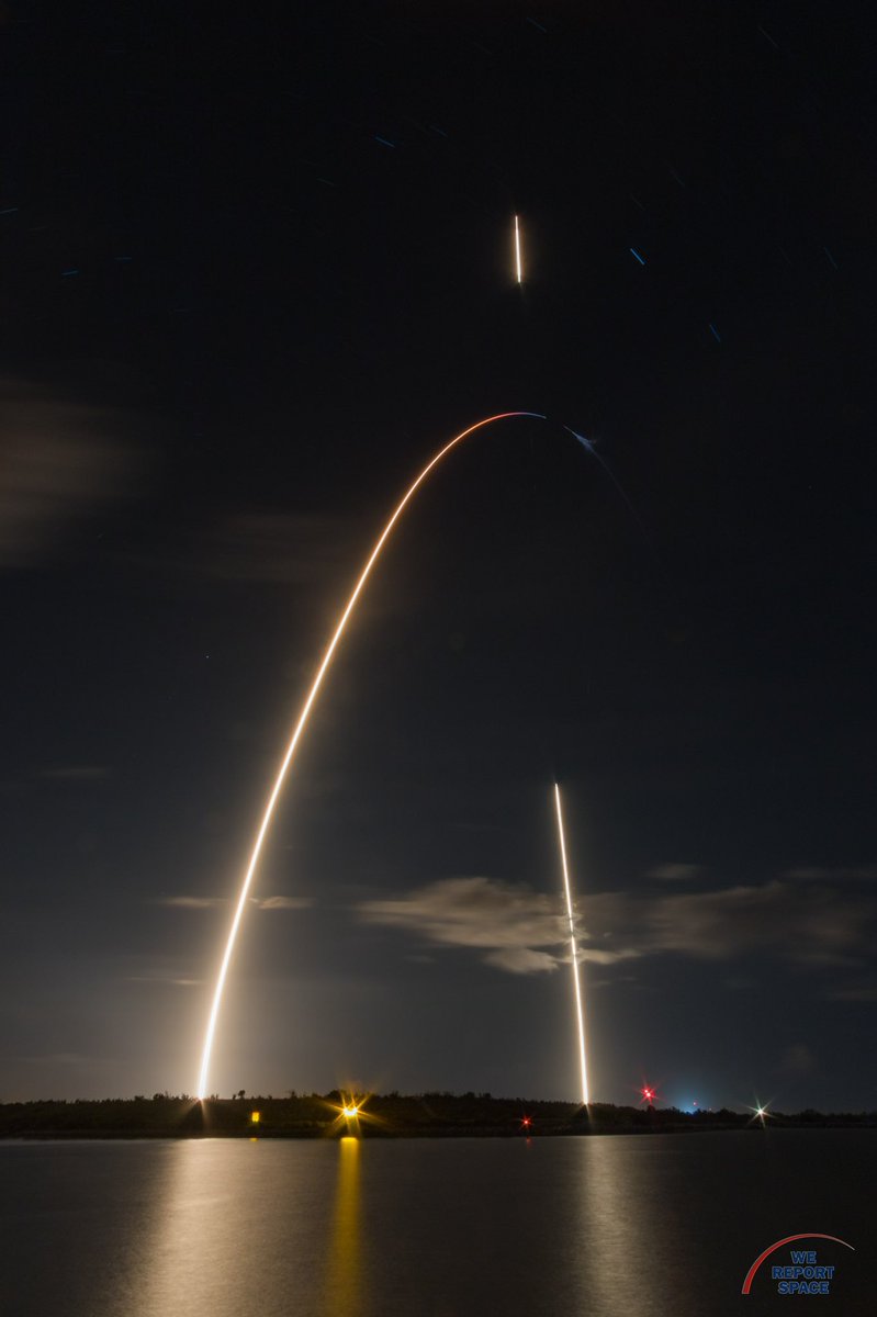 #OTD 4 yrs ago: #Zuma, launched & landed: a single, 472 sec exposure showing the launch (L) & the #SpaceX #Falcon9 1st stage landing (R), as seen from Jetty Park. 

(Also, #RIPZuma: The satellite never made it to orbit because it failed to separate from the docking adaptor.) https://t.co/Rw8ElR9C0H