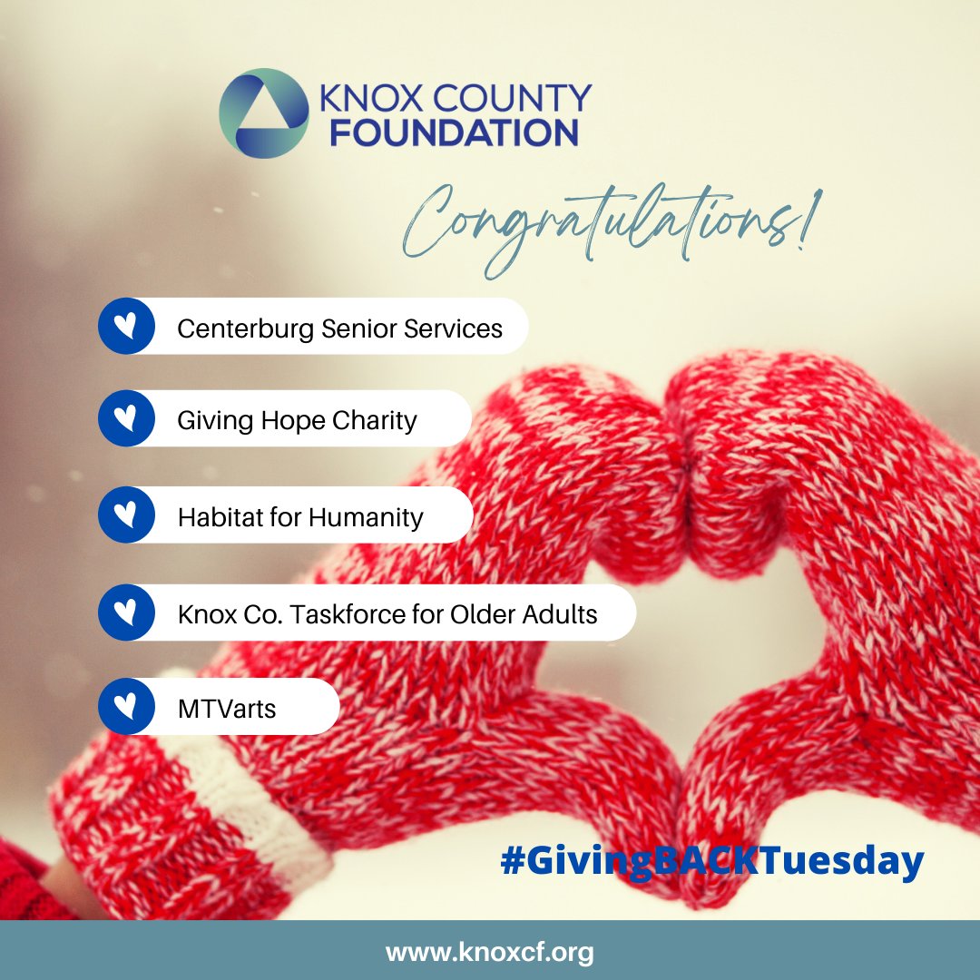 Knox_CF's tweet photo. KCF is proud to announce the winners of our "GivingBACKTuesday" campaign! Congratulations to Centerburg Senior Services, Giving Hope Charity, Habitat for Humanity, Knox County Task Force for Older Adults, and MTVarts! Read more: https://t.co/YCHZokdnAW https://t.co/EUUvRBXT23