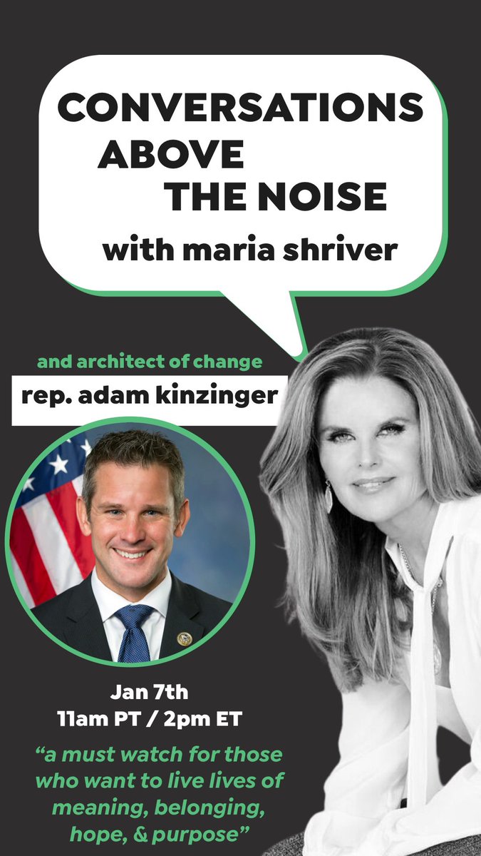 As we move beyond the anniversary of Jan. 6, how can we come together as one nation and protect our democracy? Join me on my Instagram (<a href="/mariashriver/">Maria Shriver</a>) today at 11:00 am PT / 2:00 pm ET as I speak with Congressman <a href="/AdamKinzinger/">Adam Kinzinger (Slava Ukraini) 🇺🇸🇺🇦</a> about how to have hope for our future!