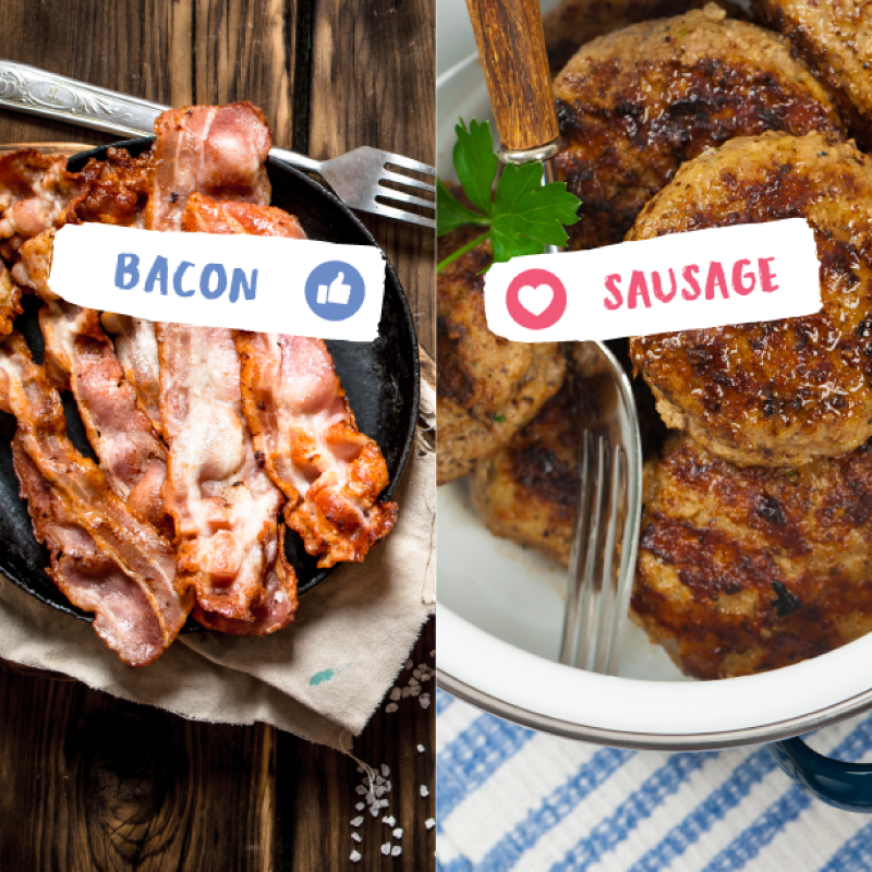 FoodsSpartan's tweet photo. We have a breakfast battle brewing! Will you choose Bacon 👍or Sausage 💗? https://t.co/fbQb5sPDg3