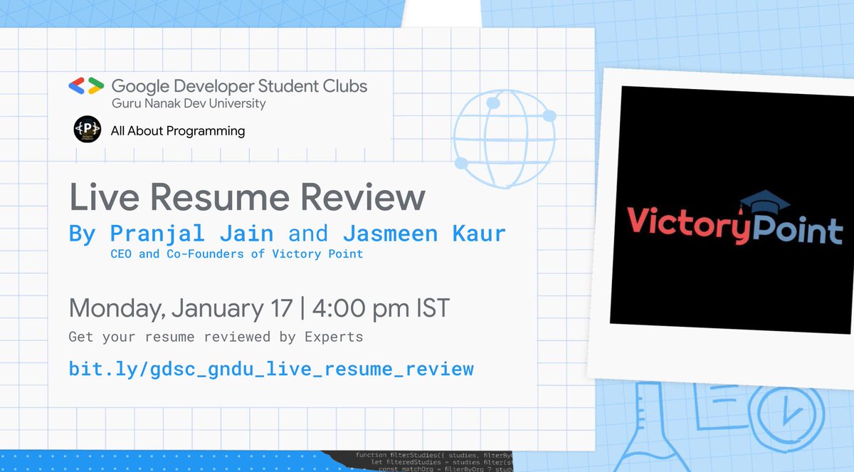 Hola Everyone! 
GDSC-GNDU in collaboration with All About Programming is presenting session on Live Resume Review by Experts.

🗓️ 17 January, 2022 (Monday)
🕓 4:00 PM onwards

Register Now!
bit.ly/gdsc_gndu_live…

Upload your resume here
forms.gle/Dh8gGP33UjY87U…