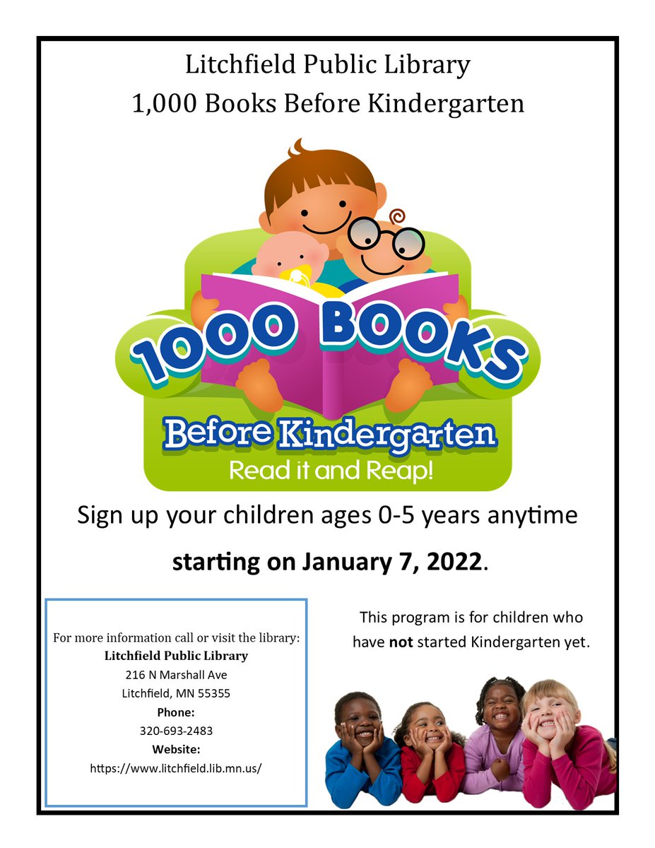 Sign up starts today for 1000 Books Before Kindergarten at the Litchfield Public Library.