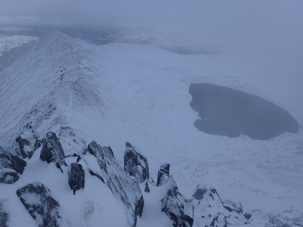 Snow overnight & snow/hail/sleet showers today deposited on W wind. Snowpack very soft with lots of ice on paths, ground & rocks as seen here near the top of Swirral Edge. Jon