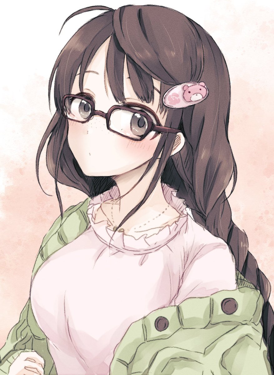 1girl glasses solo braid hair ornament brown hair long hair  illustration images