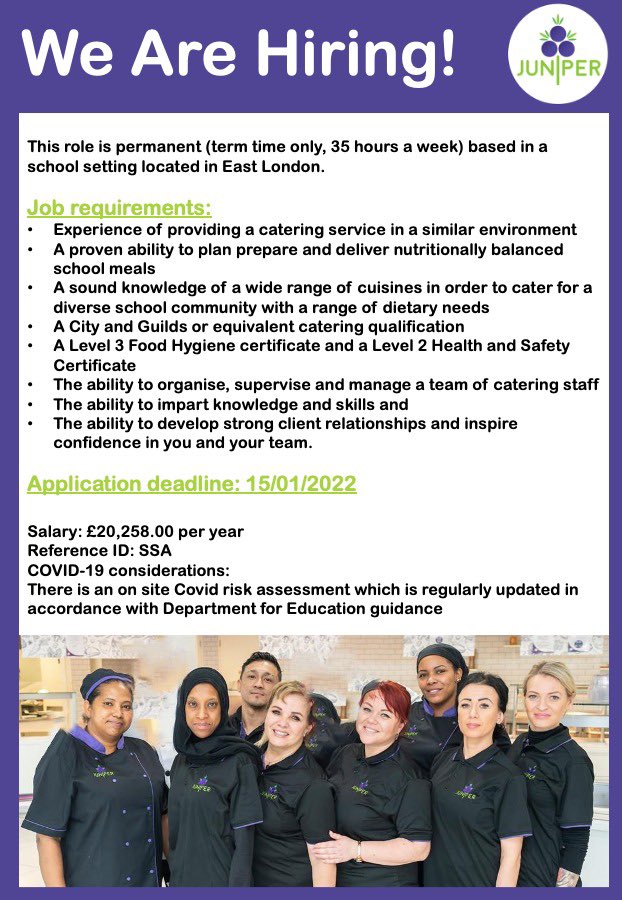 JuniperVentures's tweet photo. Juniper is recruiting for a Chef Manager! If this is something you think you would be suitable for please apply using the link below:
https://t.co/36aQtm4j5q
#chefmanager #chefmanagerjob #jobhunting #jobhiring #cateringjobs #schooljobs #londonjobs https://t.co/8GgsZwEEqp