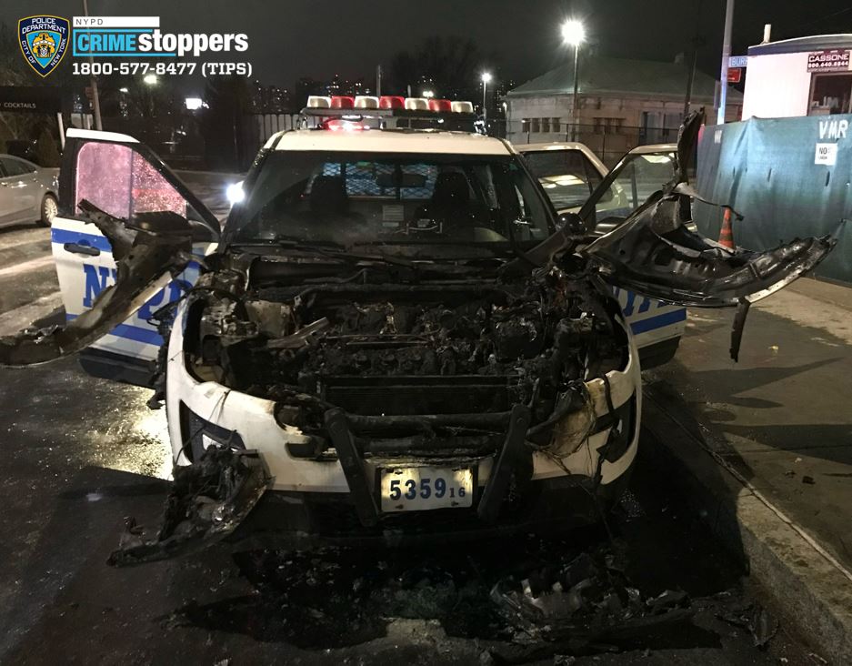 Last night, patrol officers from the @NYPD45Pct parked their marked police car on the street to inspect a transit station in their sector. When they returned, their patrol car was engulfed in flames. Officers quickly put out the fire, and no injuries were reported.