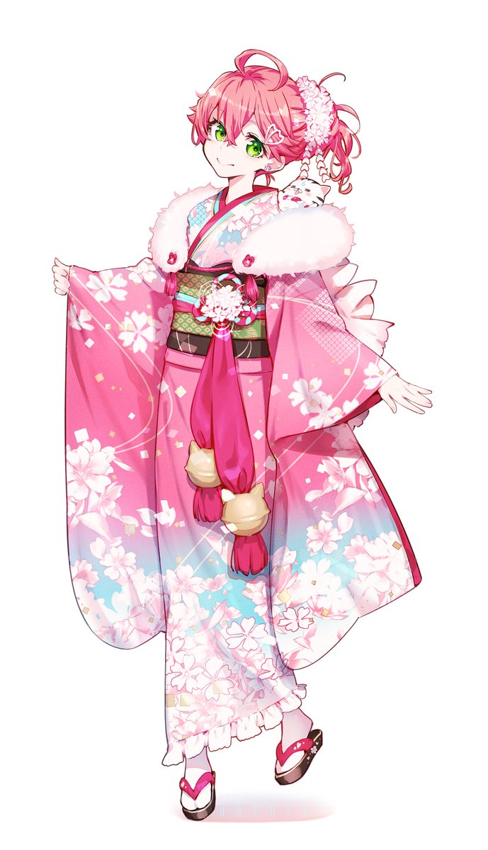 sakura miko 1girl floral print japanese clothes green eyes kimono pink hair solo  illustration images