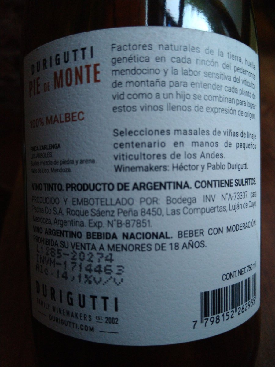Vinazo de Durigutti!!! Muy frutado, fácil de beber, acidez justa. Gran exponente de Los Árboles, Valle de Uco .