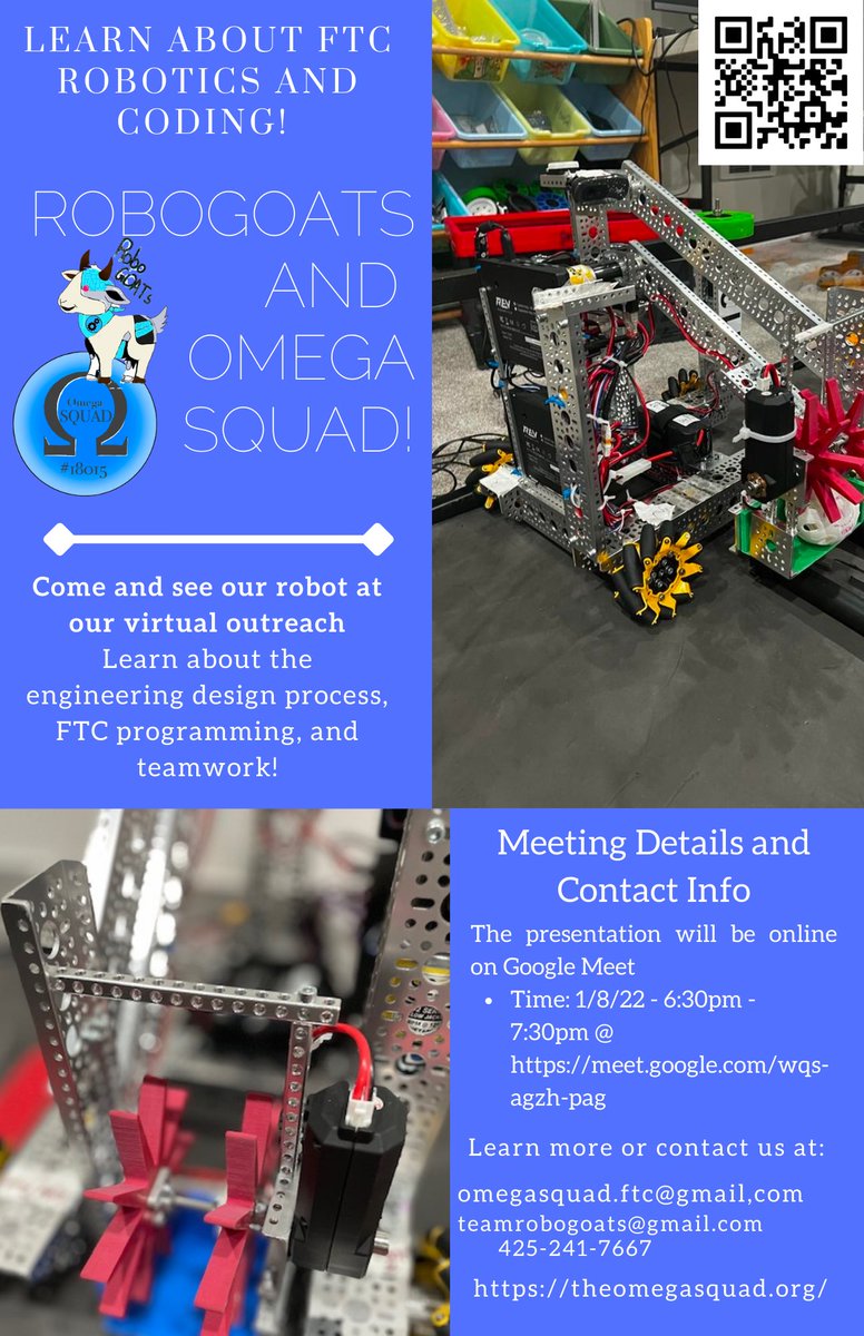 BothellRobotics's tweet photo. Omega Squad FTC Team # 18015 &amp; RoboGOATs FTC Team # 16113 are hosting virtual community outreach.

If you have a middle school or High school student &amp; interested in learning robotics, Java, Machine learning, and Computer Vision?  
50% of our team members are new to robotics. https://t.co/p3bIUJhdzZ
