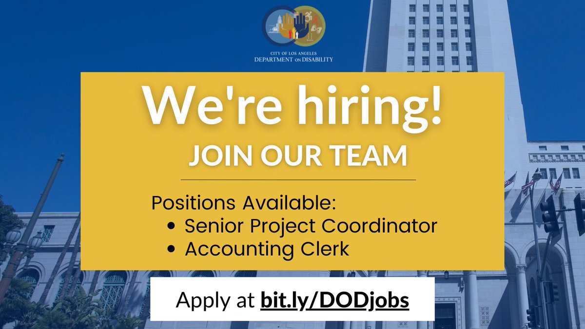LACDOD's tweet photo. The Department on Disability is hiring! We're looking for a Senior Project Coordinator and an Accounting Clerk to join our team.
Interested in applying? Go to https://t.co/A6iz12lmZl for more details 👍🏽

#CareersStartHere #WorkLivePlayInLA #BestJobEVER #DepartmentOnDisability https://t.co/aKh4BDz6jx