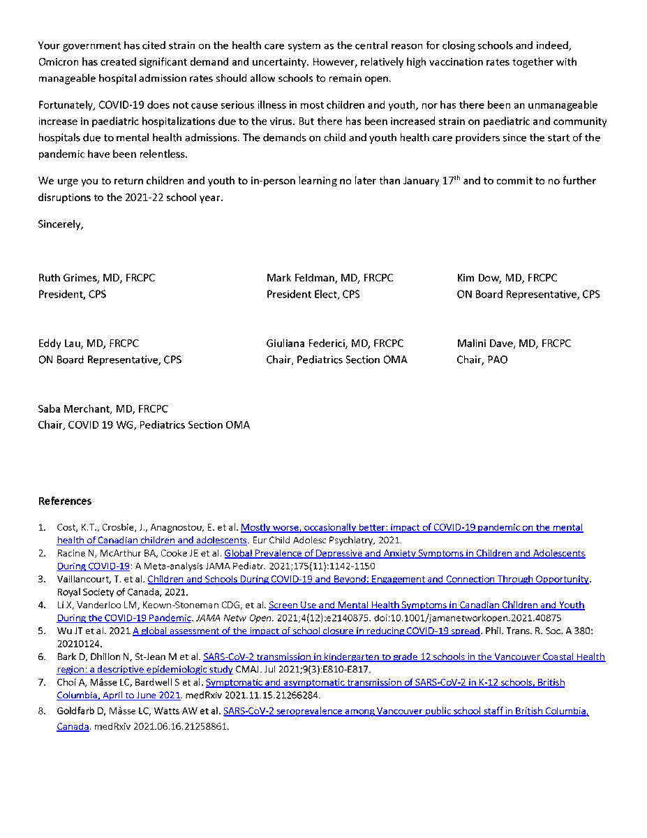 The <a href="/CanPaedSociety/">Canadian Paediatric Society</a>, <a href="/PedsOntario/">Pediatricians Alliance of Ontario (PAO)</a>, and the Pediatric Section of <a href="/OntariosDoctors/">Ontario Medical Association</a> urge Ontario to open schools no later than Jan 17. 
"The deteriorating health and well-being of children &amp; youth is also a public health emergency."
Full letter here: cps.ca/uploads/advoca…