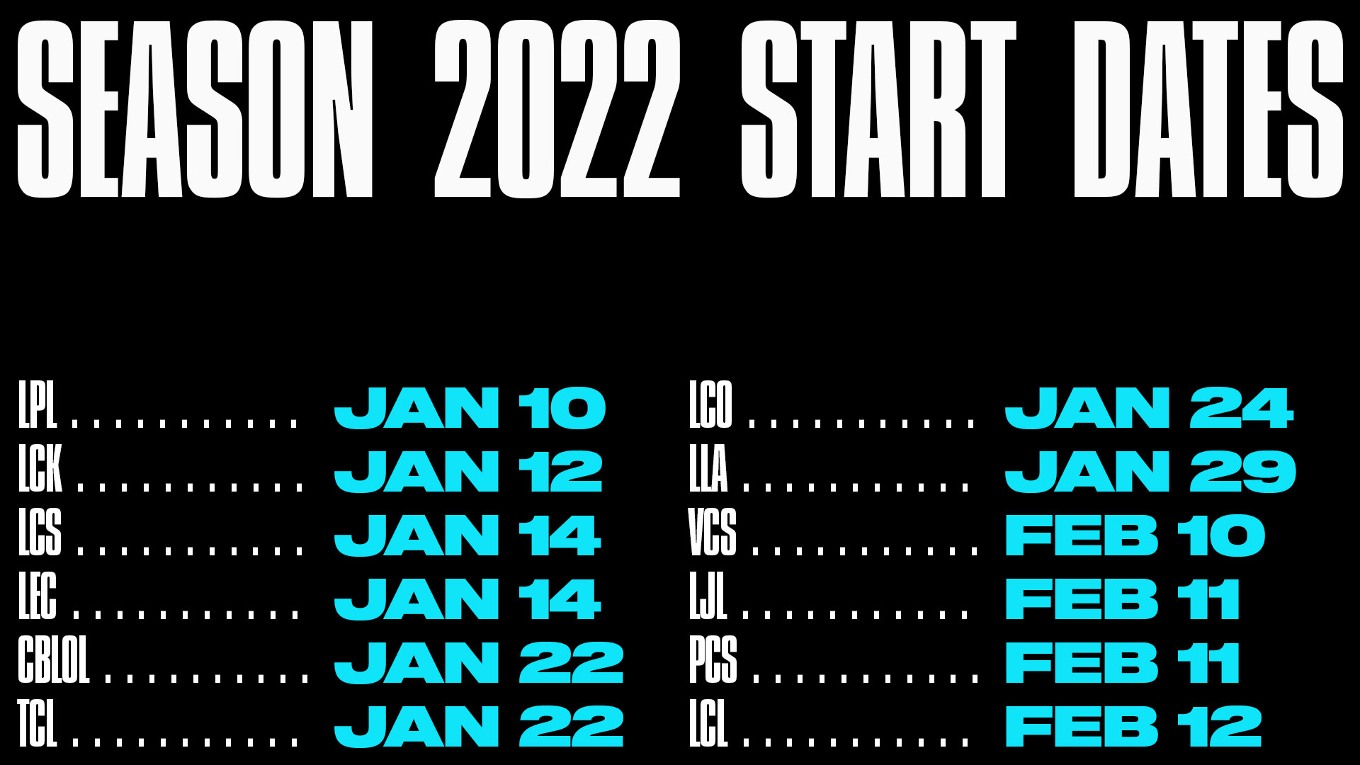 Lol Esports Schedule 2022 Lol Esports On Twitter: "And We're Back! Check Out The 2022 Season Start  Dates For Lol Esports Leagues Around The World. Https://T.co/Hqdwbs3Sh0" /  Twitter
