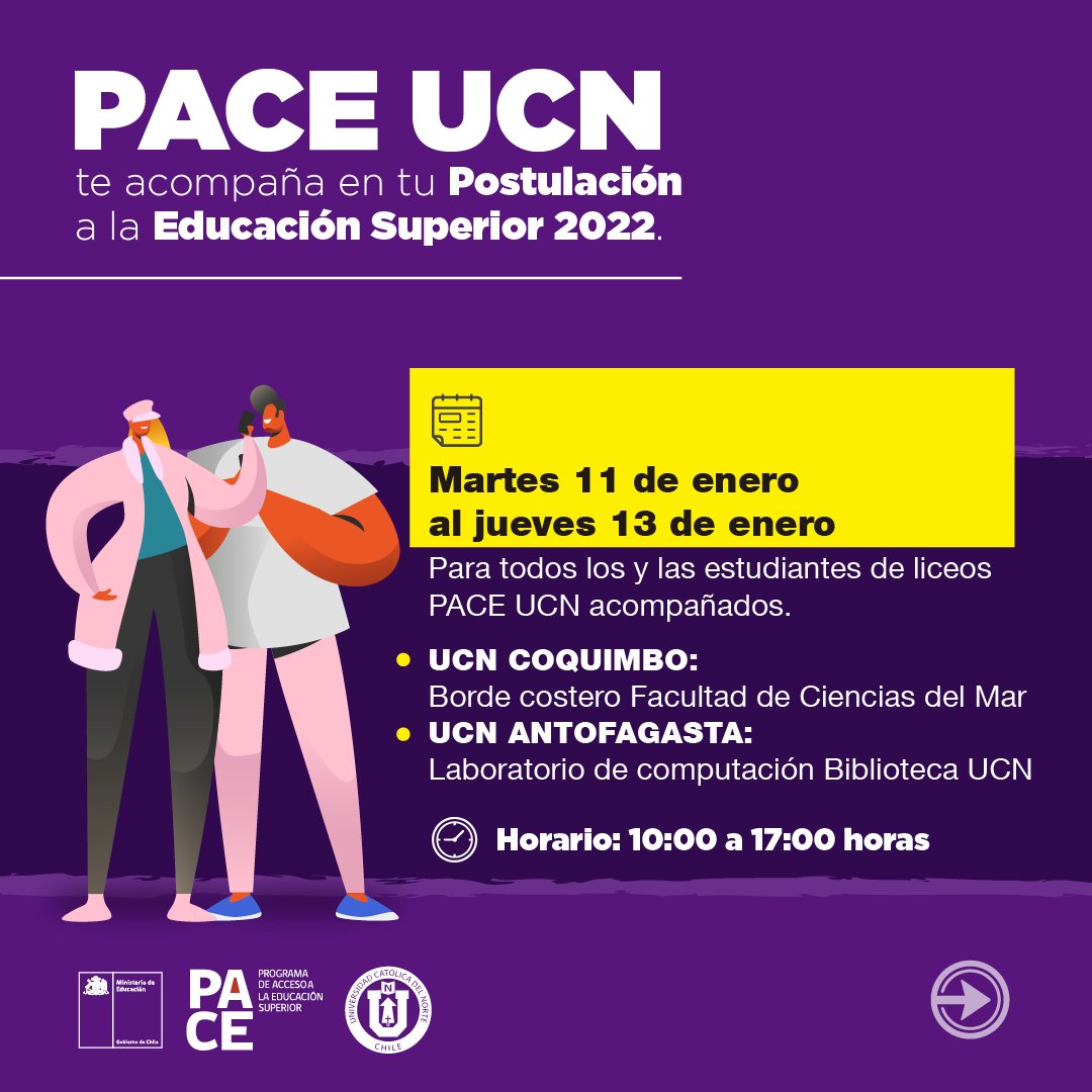 paceucn's tweet image. Te acompañamos en tu Postulación a la Educación Superior 2022🏫

Del 11 al 13 de enero, visitaremos tu establecimiento, además nos reuniremos en los campus UCN en Coquimbo y Antofagasta🙌

Revisa la imágenes para saber cuándo y dónde nos encontraremos ➡️

¡PACE UCN te acompaña!