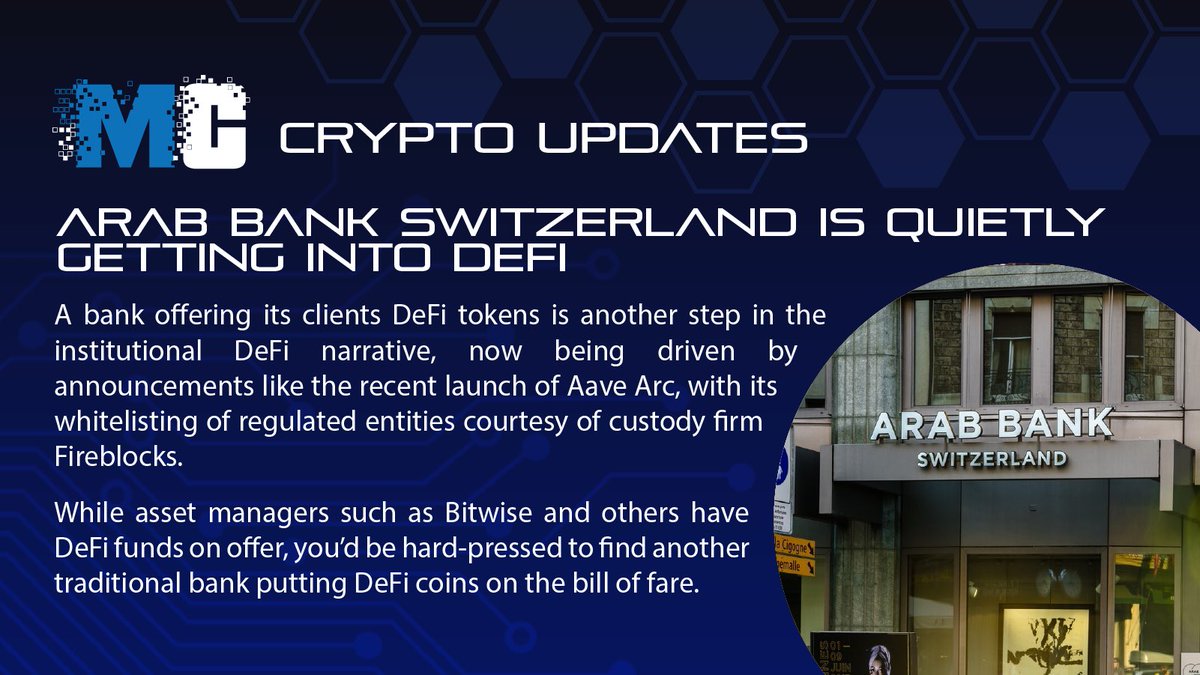 MultiChainteam's tweet image. Arab Bank Switzerland is quietly getting into Defi.

#CryptoUpdates #Defi #BlockChain