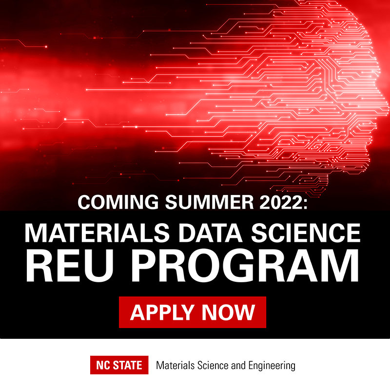 Announcing the Summer 2022 Materials Data Science #REU Program at <a href="/ncstatemse/">NC State Materials Science and Engineering</a>. Applications now open for REU program <a href="/NCState/">NC State University</a> in the <a href="/NCStateEngr/">NC State Engineering</a>. Read the full news release at: go.ncsu.edu/mse-reu
#engineering #datascience #research  #materialsinformatics #materialsscience