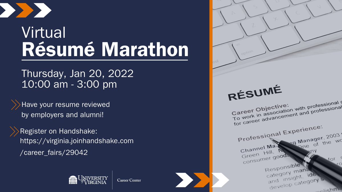 Need a second set of eyes on your resume? Join us for our [Virtual] Resume Marathon!
Thurs., Jan. 20
10am-3pm
More Info: virginia.joinhandshake.com/career_fairs/2…