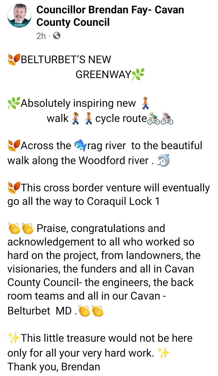 IndCouncillor's tweet image. 🍃🚵‍♀️Belturbet's new Greenway🚶‍♂️🚶‍♀️-a fantastic asset to our town and county. 🎉Well done to everyone involved in this project. 👏@belturbet @cavancoco @ThisIsCavan @YourBelturbet