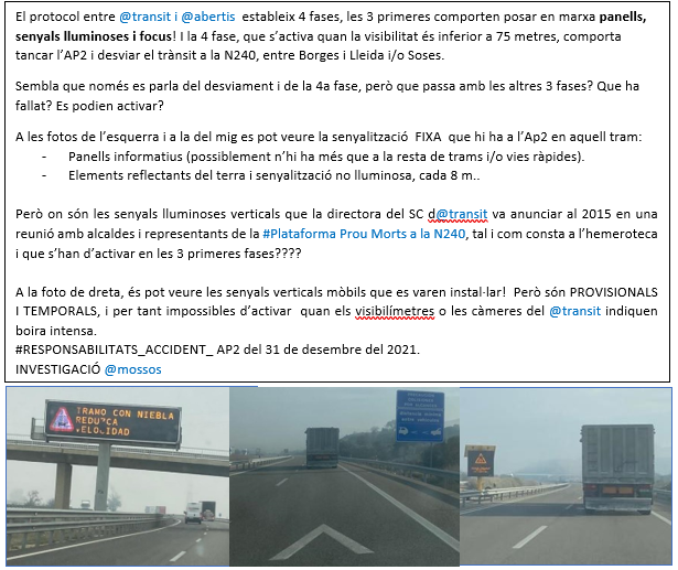 ProuMortsN240's tweet photo. És públic el protocol? 
Com es pot coneixer que estableix? 
Segons sembla s'activa amb visibilitat <300m i estableix 4 fases en funció d'intensitat boira: 
Amb visibilitat <150m es posen en marxa 3 fases amb amb panells, senyals lluminosos i focus!
I aquestes mesures existeixen? https://t.co/Xl5PqFZTvP