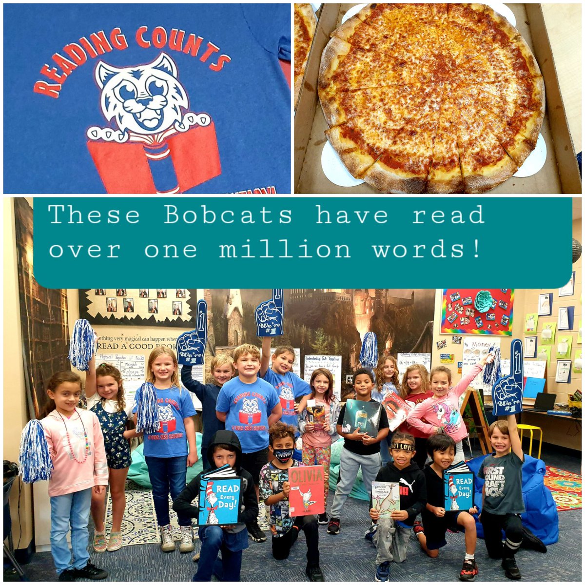 I am so proud of my amazing Bobcats for reaching their goal of reading one million words! They celebrated their accomplishment with a pizza party sponsored by Ms. Hall.Thank you Ms.Hall for supporting our celebration today! It was greatly appreciated!!📚🎉