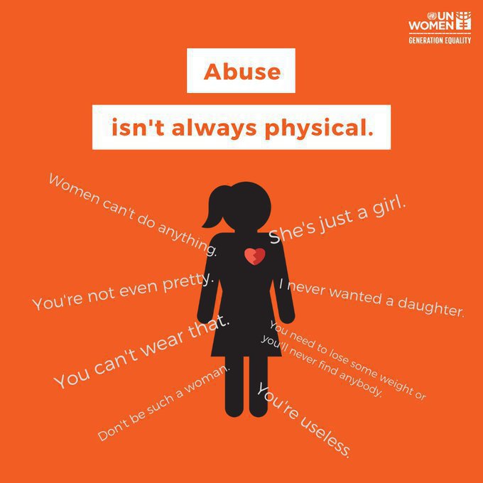 Abuse is not always physical and it doesn’t always leave visible scars.

Each of us can help protect women &amp; girls:

📣 Speak out to break the cycle of abuse
⚖️ Support survivors &amp; their right to justice
❌ Stop victim blaming 

unwomen.org/en via <a href="/UN_Women/">UN Women</a>