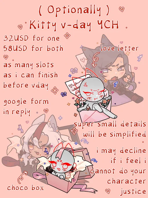 [ rts 💖 ]

my vday ych r finally open for slots, there are two options again this time with my ocs modelling the final product quality !

the carrd and g**gle form will be in a reply below :3 