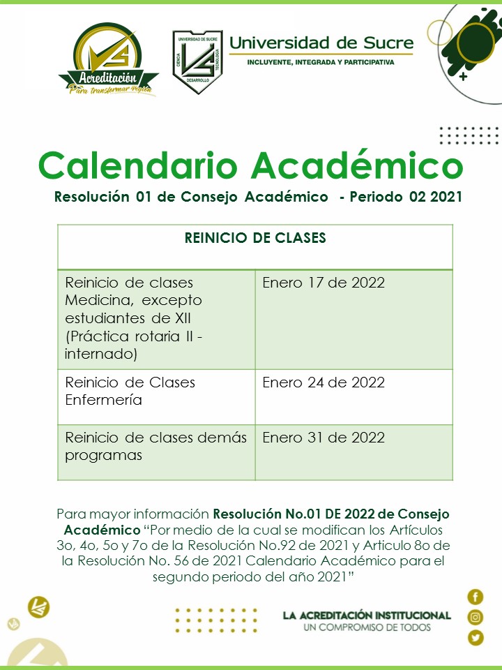 Unisucre's tweet photo. Mediante Resolución No.01 de 2022, el Consejo Académico de la #UniversidadDeSucre #IncluyenteIntegradaYParticipativa decidió modificar el Calendario Académico para el segundo semestre de 2021, como se puede observar en la presente Resolución 👇🏽
#UnisucreContigo https://t.co/9eiij070vt
