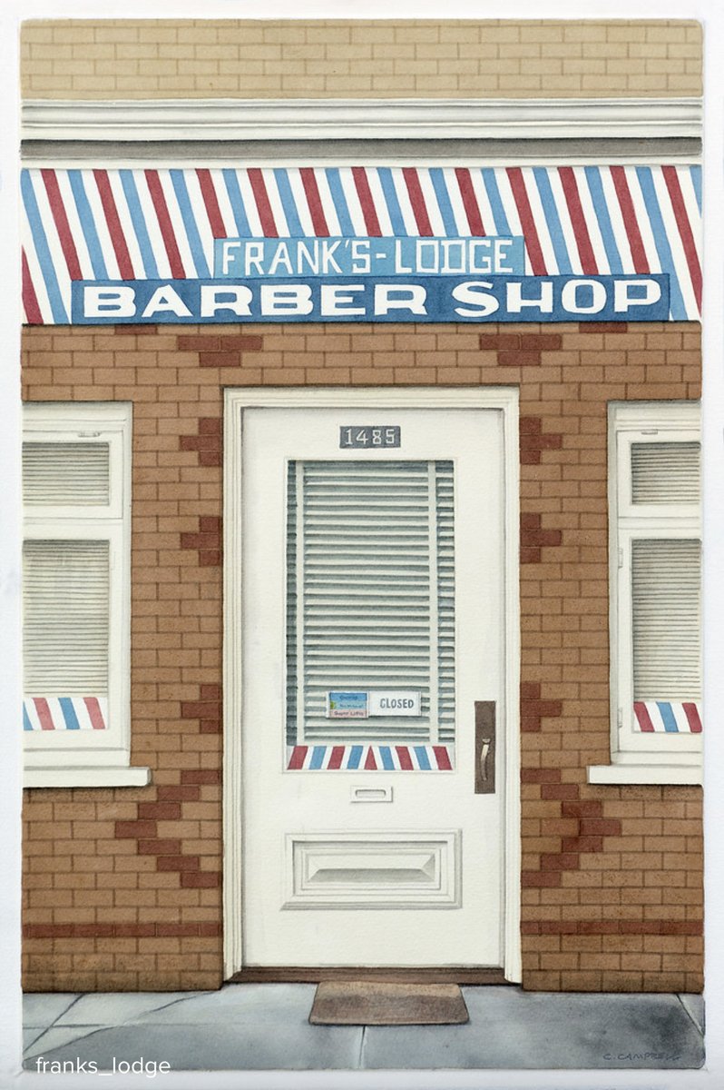 My painting of Frank’s Lodge Barber Shop, originally located at Granville &amp; 15th. now located at 11th &amp; Granville.