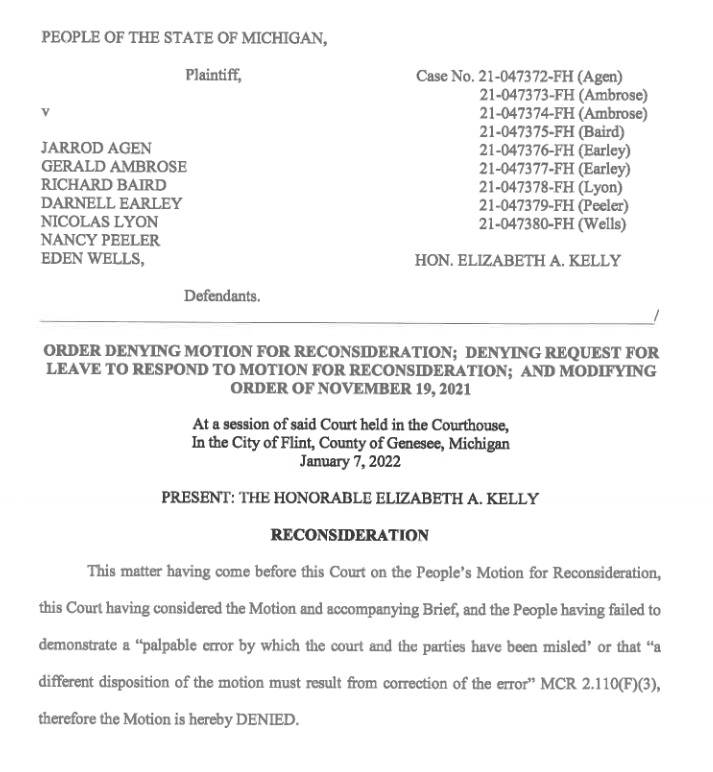 NEW: Genesee Co judge denies <a href="/MIAttyGen/">Michigan Attorney General Dana Nessel</a>'s request to reconsider an order saying a taint team is needed in Flint criminal cases ... state has to provide detailed written protocol for creating, implementing the team as previously ordered