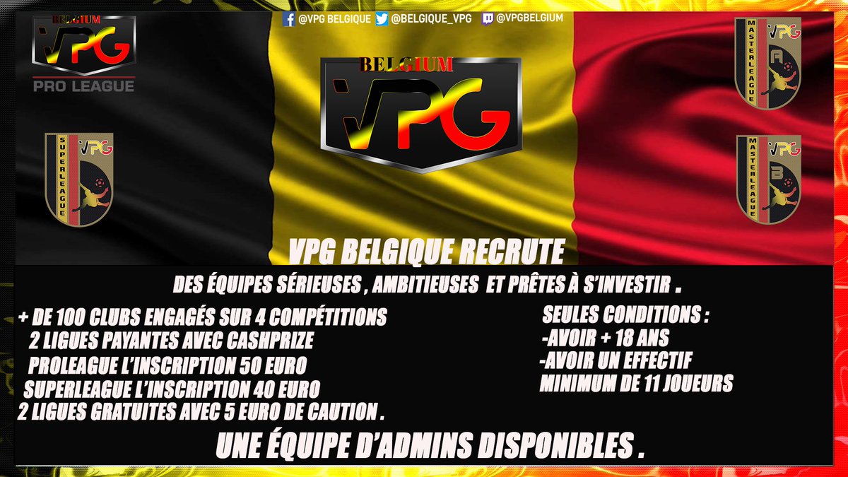 Bonjour à tous 👋🏼

La compétition <a href="/belgique_vpg/">VPG BELGIQUE 🇧🇪</a> recherche 3 clubs en ligue payante pour un lancement de saison le 17/01.

Si vous êtes motivés et sérieux. N’hésitez pas à DM <a href="/belgique_vpg/">VPG BELGIQUE 🇧🇪</a> 💪🏼