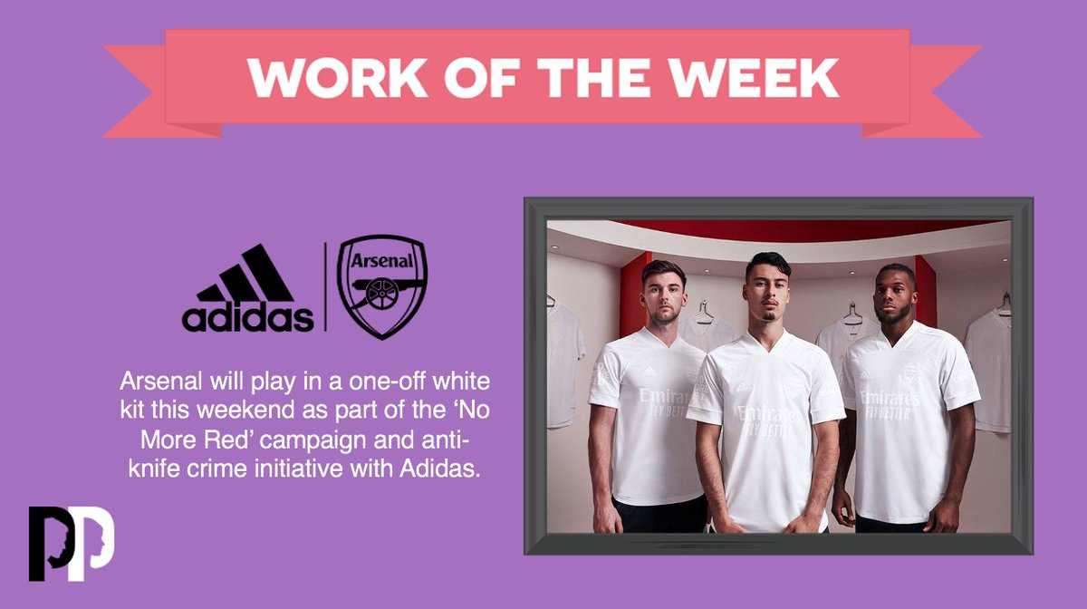 This week's #WorkOfTheWeek is <a href="/Arsenal/">Arsenal</a> &amp; <a href="/adidasfootball/">adidas Football</a> who have removed the red from their strip for this weekends game as part of the 'No More Red' outreach against knife crime. 👏arsenal.com/news/arsenal-a…