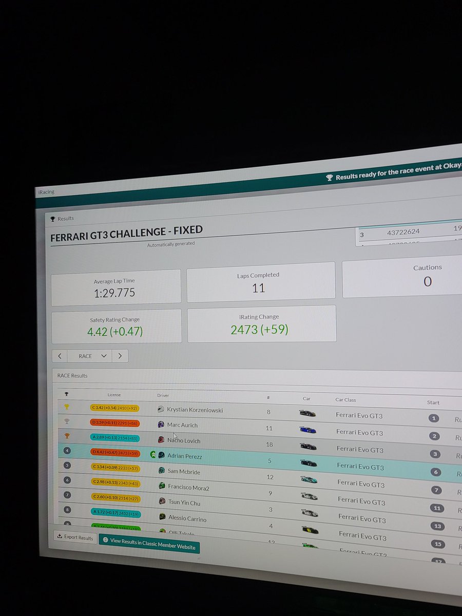 Sisisisis x fin!!!!! Después 2 semanas evitando incidentes en carrera sin salir de boxes ni mierdas de esas he conseguido subir a CLASE C 🟡🟨. Eso sí..he tenido que ver cada terrorista por las pistas...jajaj 
@FFC_rubenteve <a href="/Nicoomateeo/">Nico</a> <a href="/Antuuneez_/">Antunez🖤</a> objetivo clase A para el F1.