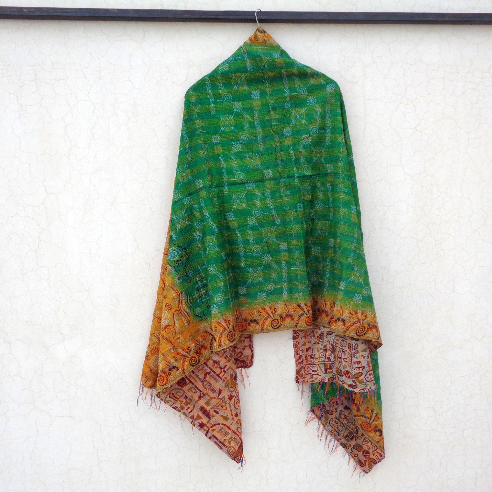 Handmade long Silk Kantha Scarf Head Wrap Stole Dupatta Hand Quilted Women Shawl KR85