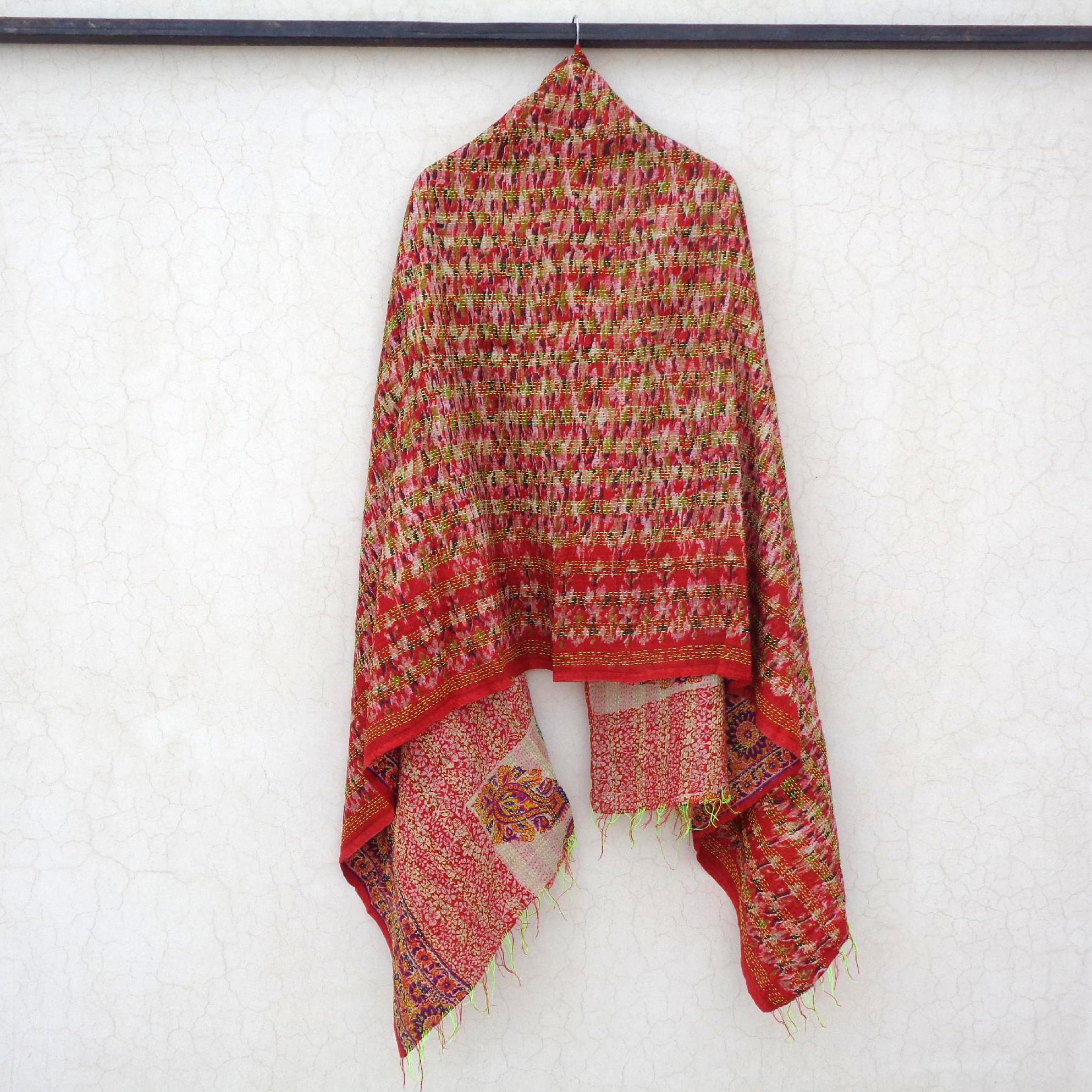 Handmade long Silk Kantha Scarf Head Wrap Stole veil Hand Quilted Women Shawl Stitched KR84