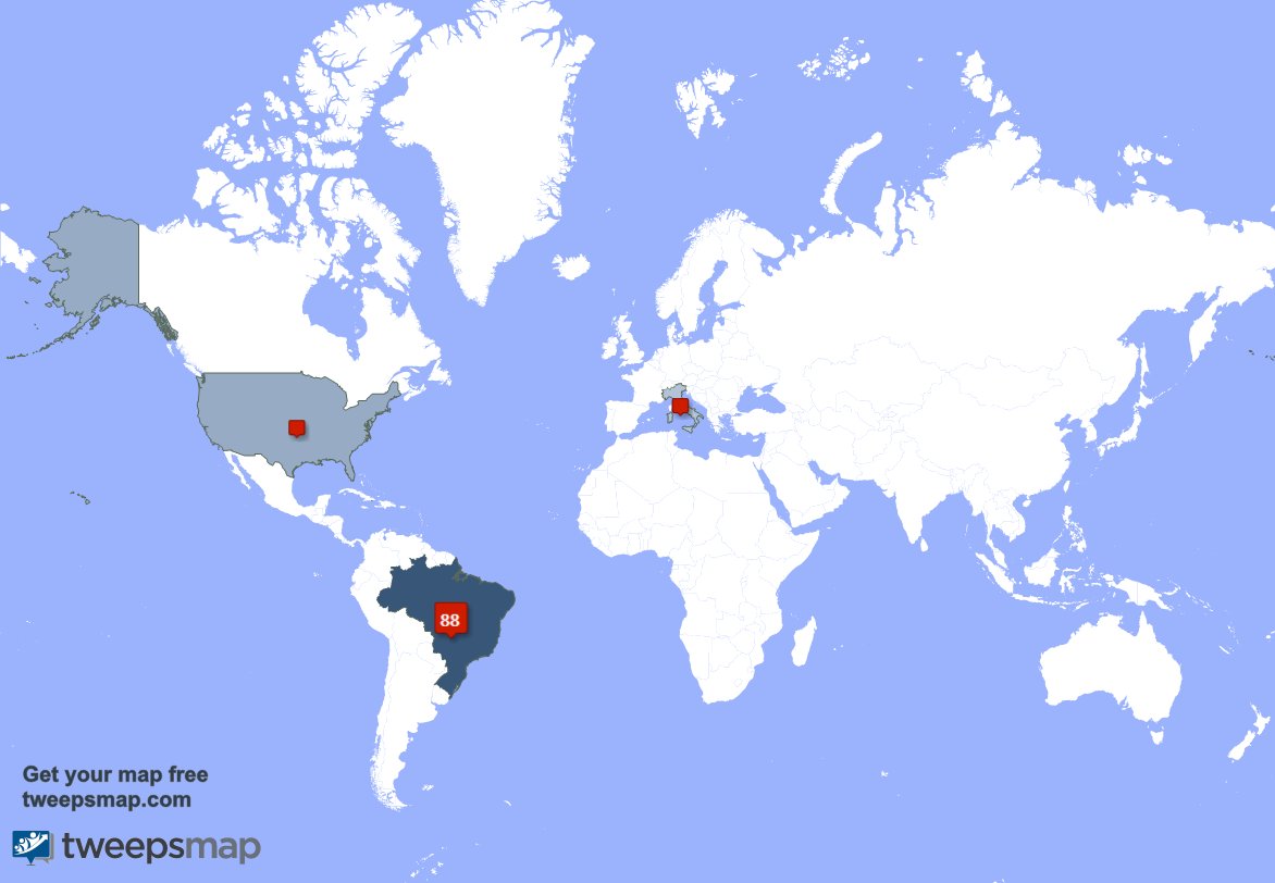 Meus seguidores são de Brasil(90%),EUA(7%),Itália(3%) tweepsmap.com/!erlan1914