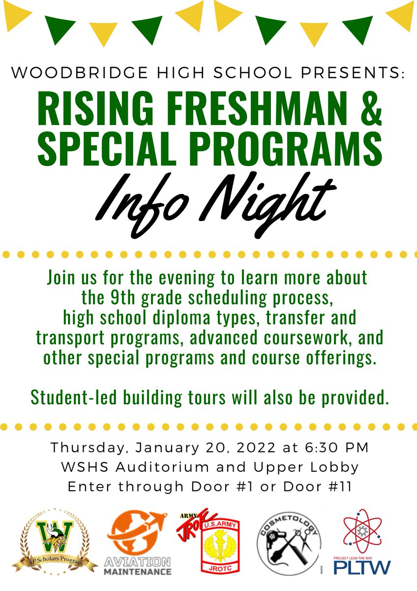 1/2✨@WoodbridgeHS presents Rising Freshmen + Special Programs Info Night in-person on January 20 at 6:30 PM. Join us to learn about the scheduling process, transfer/transport programs, advanced coursework + other course offerings. Student-led tours provided. ⬇ Details ⬇