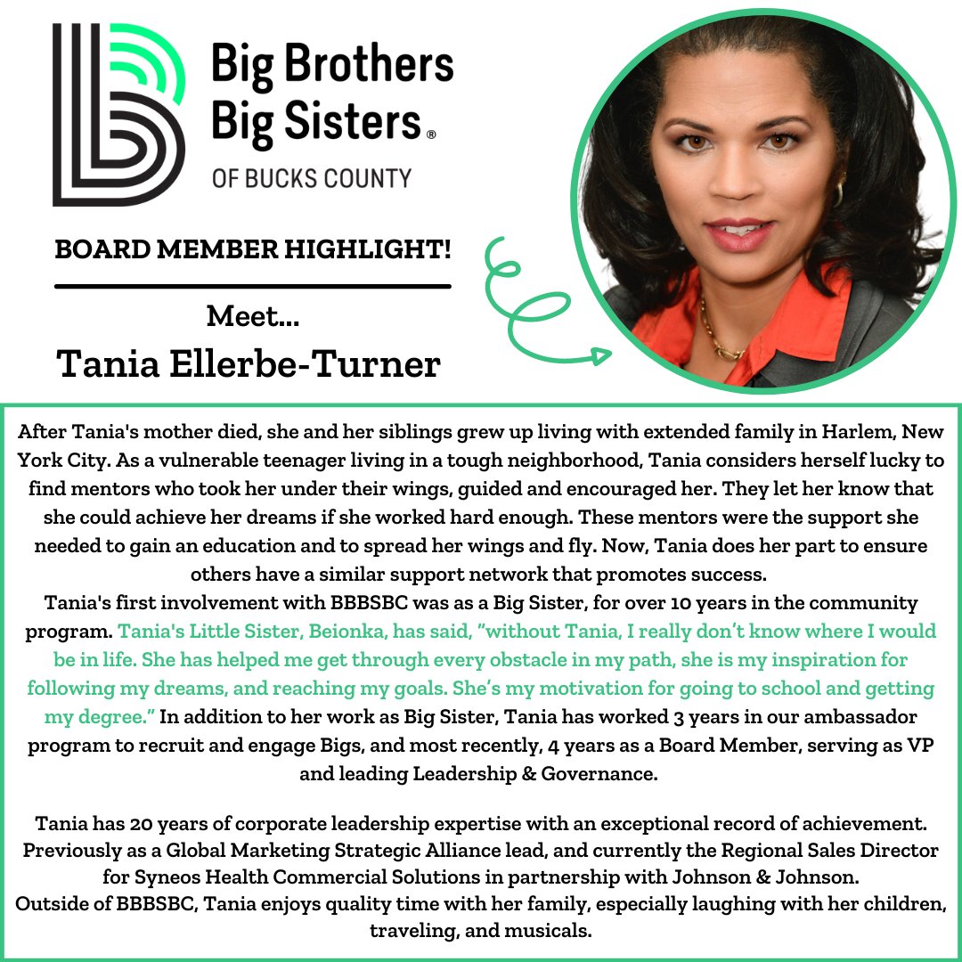 RT <a href="/bbbsbucks/">BBBS Bucks County</a>: Fri #WordwithourBoard celebrating Tania! After experiencing positive impact of mentorship at a young age Tania works with BBBSBC in her adult life 2 do her part in ensuring that all children hve a support network &amp; can achieve success 💚💪
