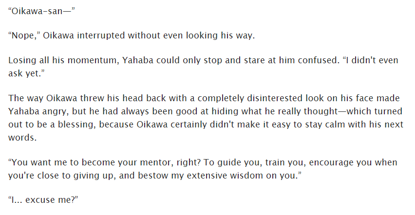 archiveofourown.org/works/36270880

🏐Haikyuu!!
🏐Yahaba &amp; Oikawa
🏐Yahaba asks Oikawa for advice on how to lead Seijou's team to victory

First story to be posted this year✨ It's my piece for <a href="/mnszine/">Passing the Torch Zine (COMPLETE)</a> and I'm really happy with how it turned out, especially the end.